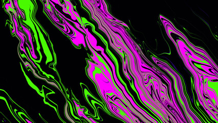 Bright violet, black, neon green background. Abstract liquid purple pink line. Glitch Art trippy screen. Template. Luxury texture. Creative flyer. VR tech card. Digital transformation. Pop art. Carbon