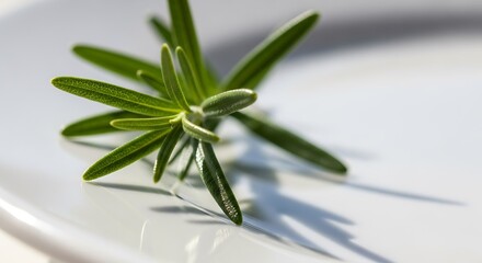 Fresh rosemary sprig glistens on white surface, perfect for culinary creations, aromatherapy, or adding a touch of natural elegance to your designs