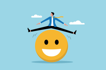 Businessman in suit balancing on a giant happy yellow emoji