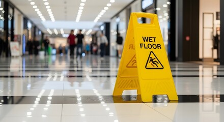 A yellow caution wet floor sign is placed on the shiny polished floor of a public shopping mall to warn of a slip hazard