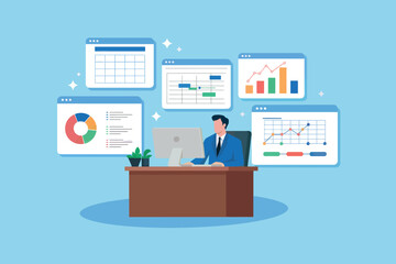 Business professional analyzes data on computer with varied charts