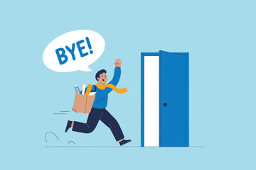 Employee leaving job with a box, waving goodbye, career change