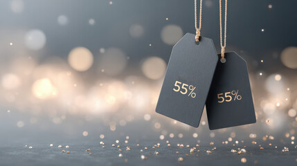 Discount tags displaying 55 off hang against a blurred sparkling background, creating an inviting atmosphere for promotional sales events