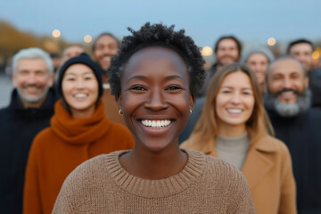 Diverse group of cheerful individuals smiling together outdoors during a social event or friendly gathering