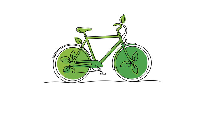 Bicycle minimalistic one line drawing filled with fresh green, eco-friendly mood, zero-emission transport and healthy city concept, with copy space