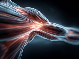 Conceptual medical art showing glowing muscle activation after therapy gradient motion energy flow realism