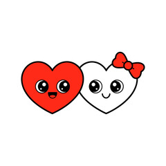 Cute Kawaii Heart Couple Adorable Love Characters with Bow in Red Vector Illustration