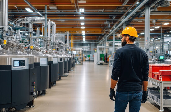 Production line with male engineer in safety gear examining modern machinery in industrial factory setting