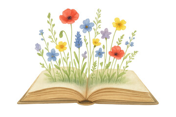 Open book with colorful wildflowers and green grass growing from its pages, symbolizing imagination and the flourishing of knowledge. Transparent background