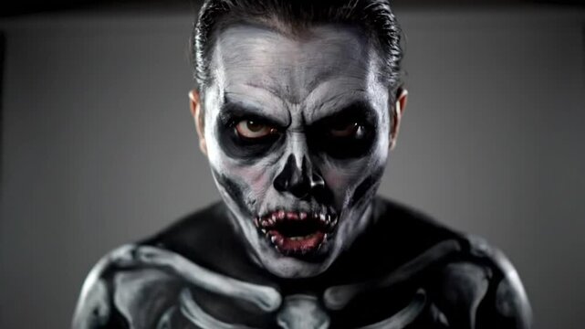 Spooky close-up shot of person in skeleton makeup opening their mouth and looking toward camera menacingly