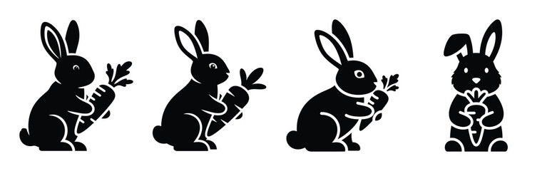 bunny holding carrot Easter silhouette art, black color and white background