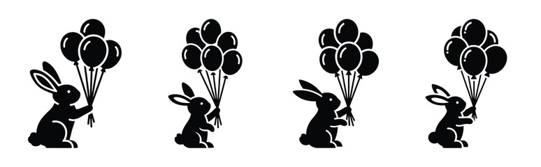 bunny with balloons Easter silhouette art, black color and white background