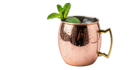 Refreshing Moscow mule cocktail in copper mug with mint isolated on transparent background