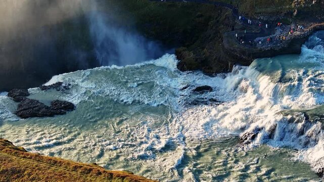 Aerial view of the Gullfoss falls - waterfall in Iceland