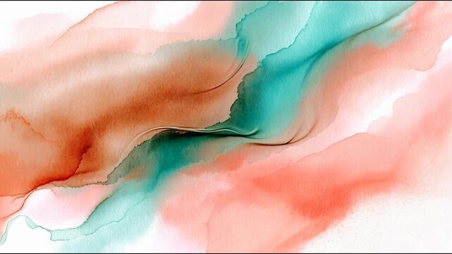 Abstract watercolor and alcohol ink mixture in vibrant coral and turquoise hues creates a flowing fluid art texture with seamless transitions and lively splashes. Set against a clean white background