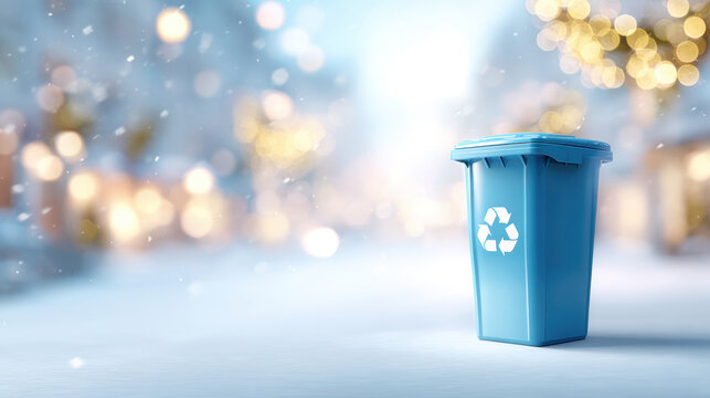 Blue recycling bin stands prominently on a snowy street, surrounded by soft bokeh lights, symbolizing environmental awareness and sustainability