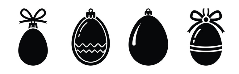 egg ornament ribbon Easter silhouette art, black color and white background