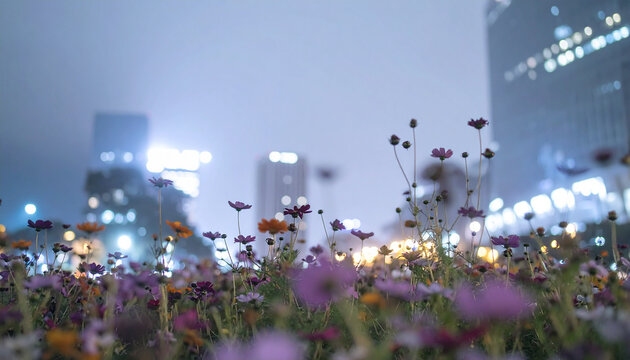Mauve flowers in front of an illuminated blue city at night