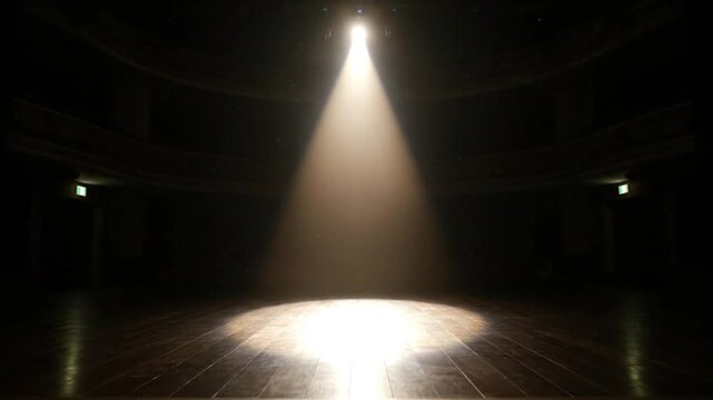 Dramatic theatrical stage illuminated by a single spotlight projecting a warm glow for performance and showtime anticipation.
