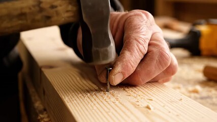 Close-up of Carpenter Hammering Nail into Wood Plank. - Powered by Adobe