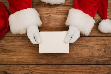 Santa Claus Hands Holding Blank Letter Top View with Copy Space
