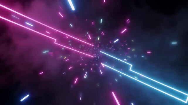 An abstract digital artwork showcases vibrant pink and blue neon light beams converging in a dark, smoky void, surrounded by colorful glowing particles.