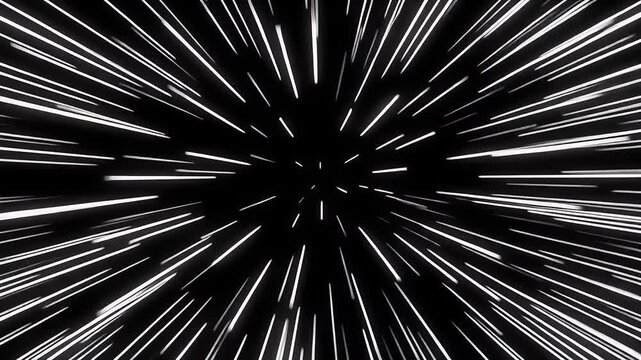 An abstract black background with radiating white lines simulating a warp speed or hyperdrive effect.
