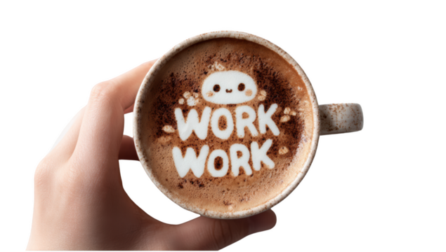 Cup of coffe with work work letter white background png transparent work hard concept using for decoration.