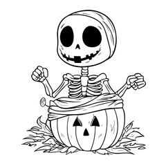 Cute Funny Halloween Vector Illustration coloring pages with pumpkins, ghosts, and bats for kids