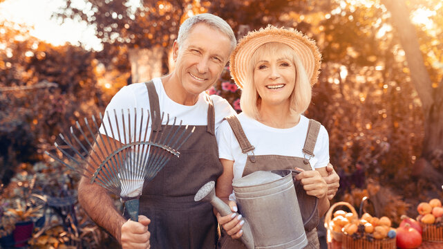 A happy couple stands in their garden surrounded by fall colors, holding gardening tools. They smile while showcasing pumpkins and flowers, enjoying the beauty of autumn.