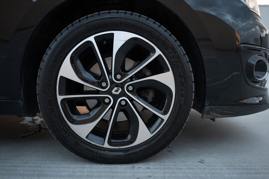 Wroclaw, Poland - August 18, 2025: Close-up view of a stylish alloy wheel with Dunlop tire, showcasing modern automotive rim design and exterior detail.