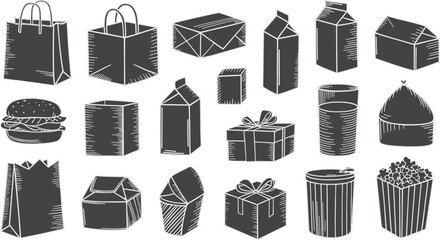 Packaging and food container silhouette set, paper bags, boxes, soda can, burger, black vector art, flat vector illustration