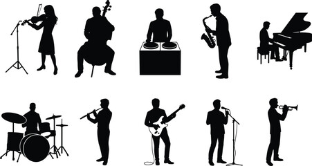 Obraz premium Musicians playing instruments silhouette, diverse performance poses, black vector art, music expression, concert vibe, flat vector illustration