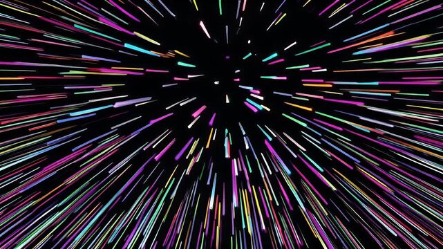 A vibrant abstract background featuring colorful streaking light lines radiating from a central point, simulating hyperspace travel.