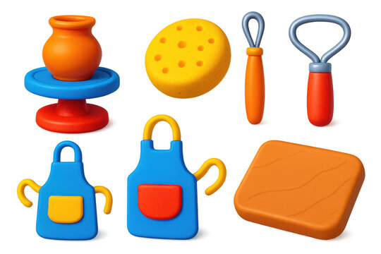 Vibrant Pottery Workshop Icons. 3D icon set of pottery workshop supplies: spinning wheel, sponge, trimming loop, wire cutter,