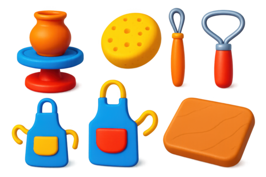 Vibrant Pottery Workshop Icons. 3D icon set of pottery workshop supplies: spinning wheel, sponge, trimming loop, wire cutter,