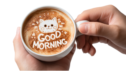 Greeting coffee with good morning text png set collection in 3d transparent no background for new day concept.