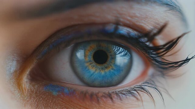 A striking close-up reveals the intricate details of a human eye, featuring a vibrant blue and amber iris, framed by dramatic black lashes and blue eyeliner.