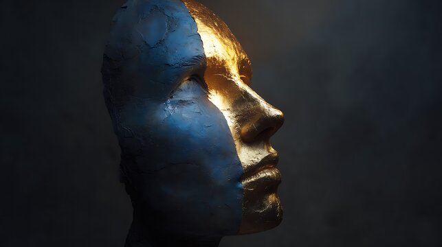 human head split into light and shadow, one side glowing gold the other deep blue moonlight, symbolic inner duality, surreal fine art, cinematic v7 lighting 