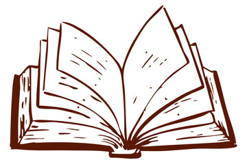 Hand drawn open book with flying pages in brown line art. Simple vintage style vector illustration. Reading, education, autumn, winter cozy graphic.