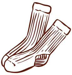Hand drawn wool socks in simple brown line art. Cozy autumn and winter vector illustration. Seasonal graphic.