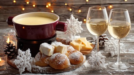 Enjoying Cheese Fondue With Wine at a Cozy Winter Gathering on a Wooden Table