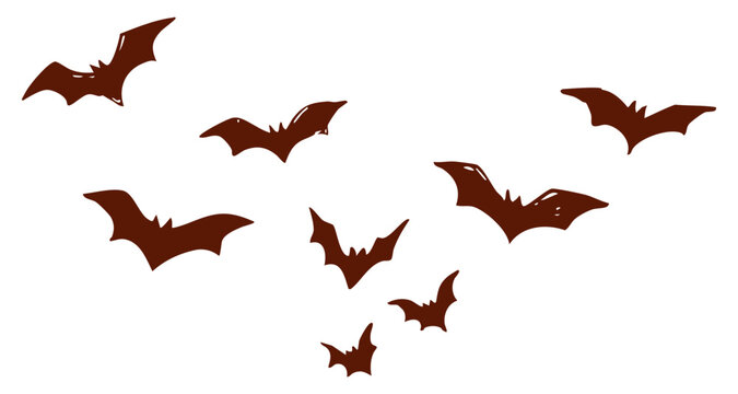 Hand drawn group of flying bats simple vector illustration. Minimal vintage style graphic with scattered bat silhouettes.