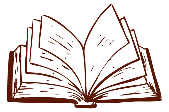 Hand drawn open book with flying pages in brown line art. Simple vintage style vector illustration. Reading, education, autumn, winter cozy graphic.