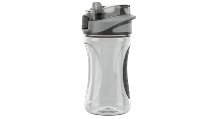 High-quality, detailed shot of a modern transparent reusable water bottle with a sleek grey and black cap, ideal for sports and daily hydration, isolated on a clean transparent background