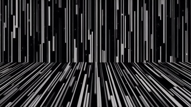 A digital abstract background featuring an array of white and grey vertical and horizontal lines illuminated against a dark, textured space.