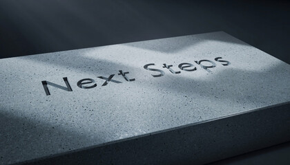 Engraved stone block with the words Next Steps, symbolizing a solid foundation for future planning, strategic decisions, and the importance of progress in business and life
