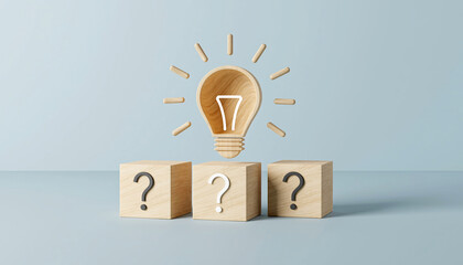Unlocking the power of innovation and bright ideas, depicted by a glowing lightbulb symbol above three wooden cubes with question marks, representing curiosity and discovery