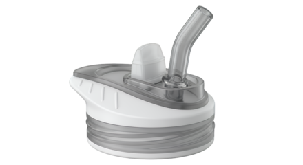 White and grey plastic water bottle lid with a flexible pop-up straw and ergonomic design, perfect for hydration on the go, isolated on a clean transparent background