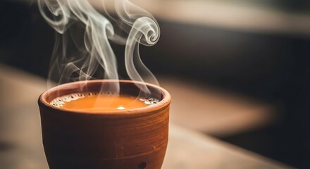 Steaming hot tea in a traditional clay cup, a comforting beverage